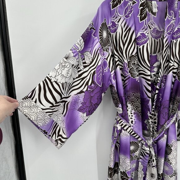 NATORI CRUZ 2 PIECE SET robe slip nightgown satin floral midi kimono purple L - Picture 4 of 13